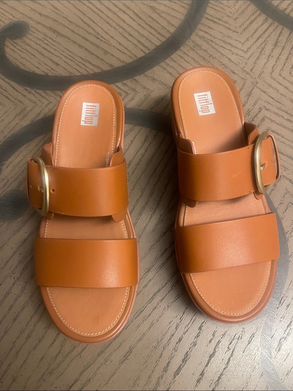 Fitflop Tan Leather Double-Strap Slide with Gold Buckle